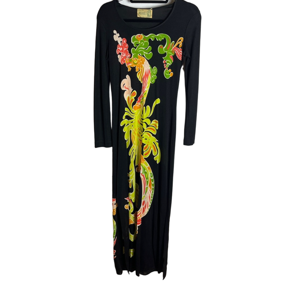 Milli Hamilton Vintage Black Dragon Print Maxi Dress Long Sleeve Canadian Luxury - Picture 2 of 12